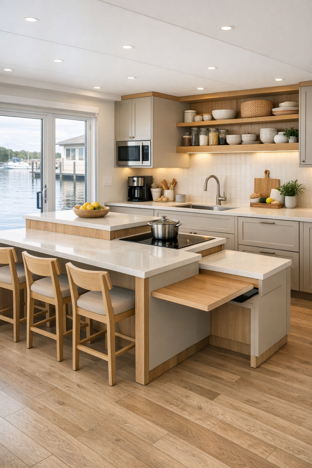 Warm accessible kitchen with soft cabinetry and open circulation