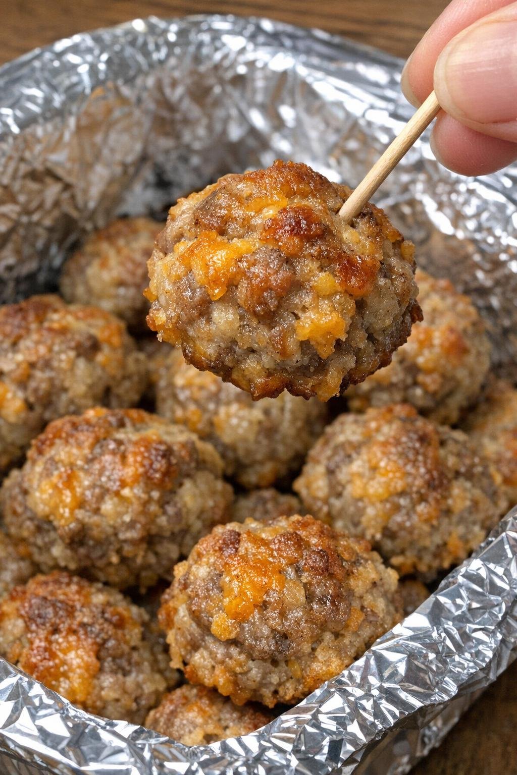 Close-up of sausage Fairchild balls in a foil-lined casserole dish