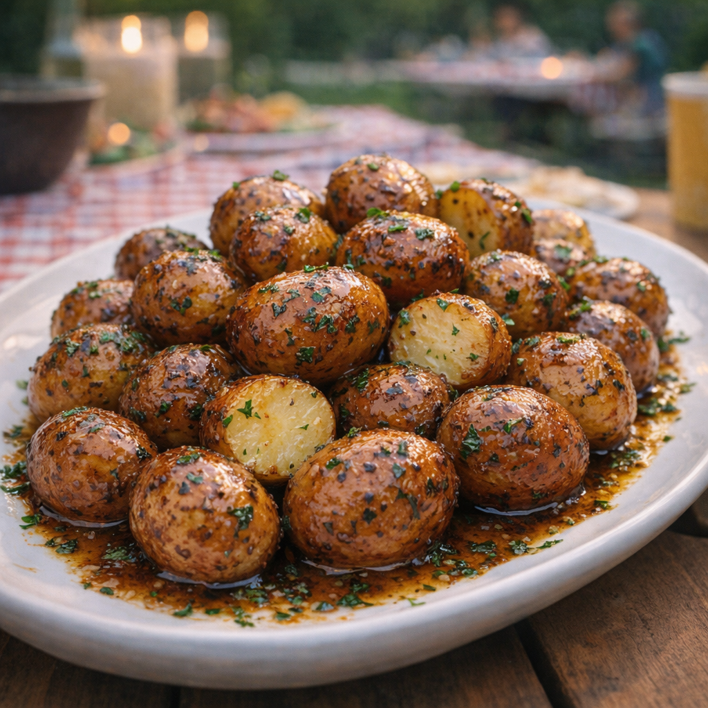 Served glazed herb potatoes on a white platter for a cookout