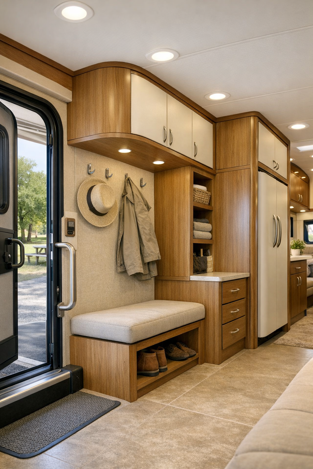 RV entry and storage area with built-in cabinetry and open circulation