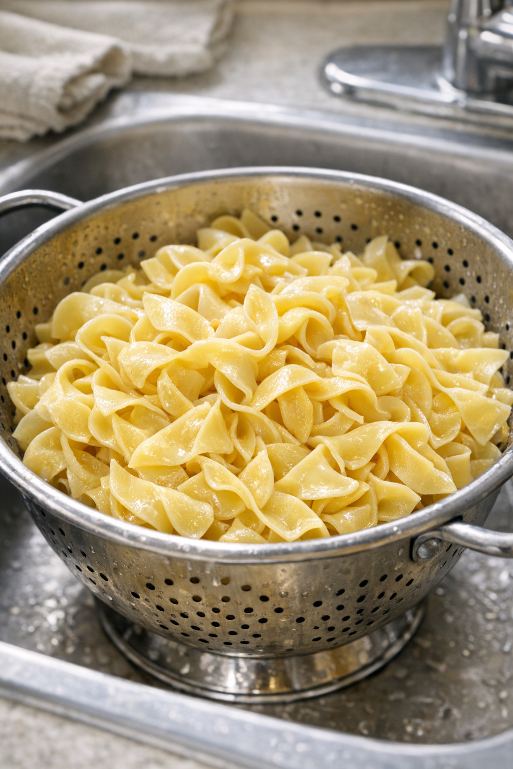 Cooked egg noodles drained and ready to add