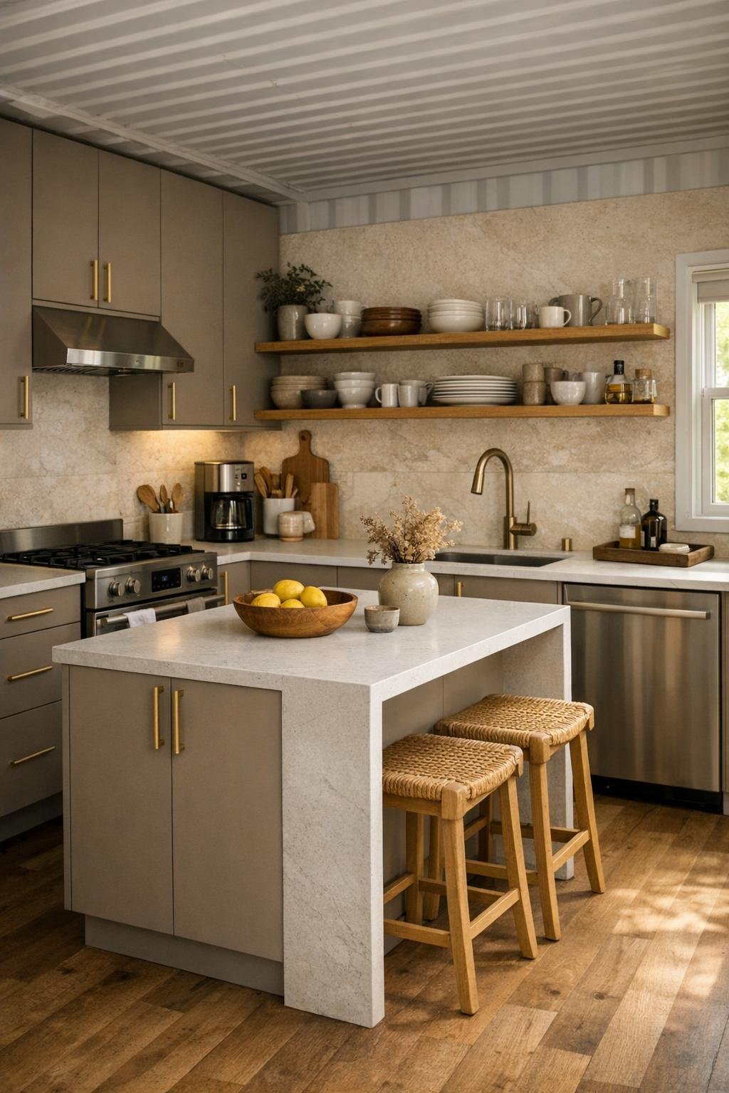 Warm modern kitchen with mushroom cabinetry and a compact stone island