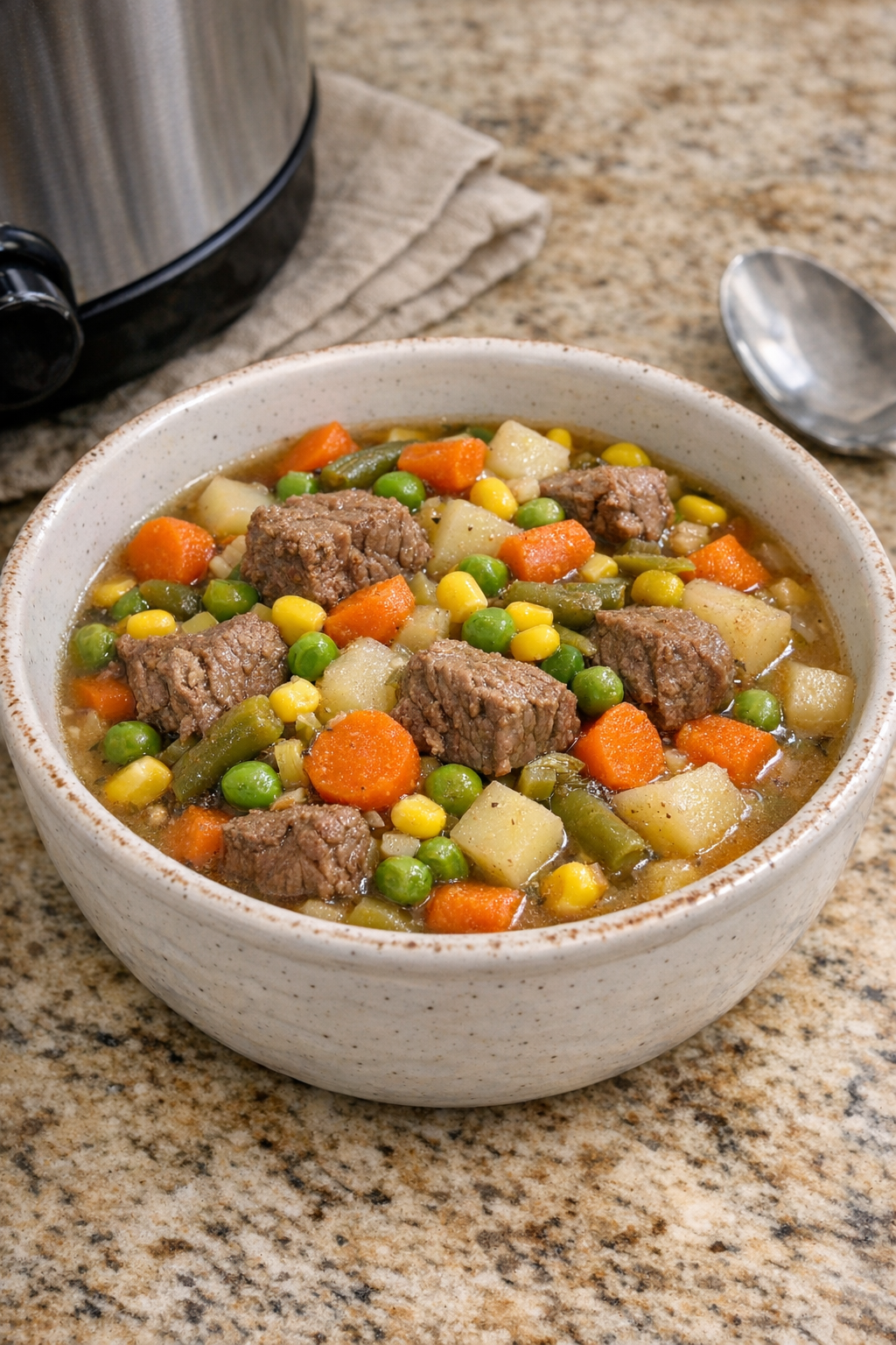 Finished bowl of beef and vegetable stew