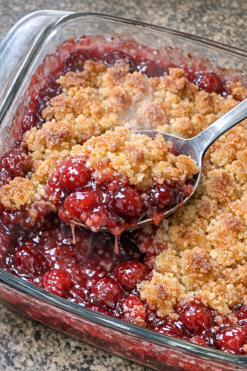 Bubbling cherry dessert with golden topping in a glass casserole dish