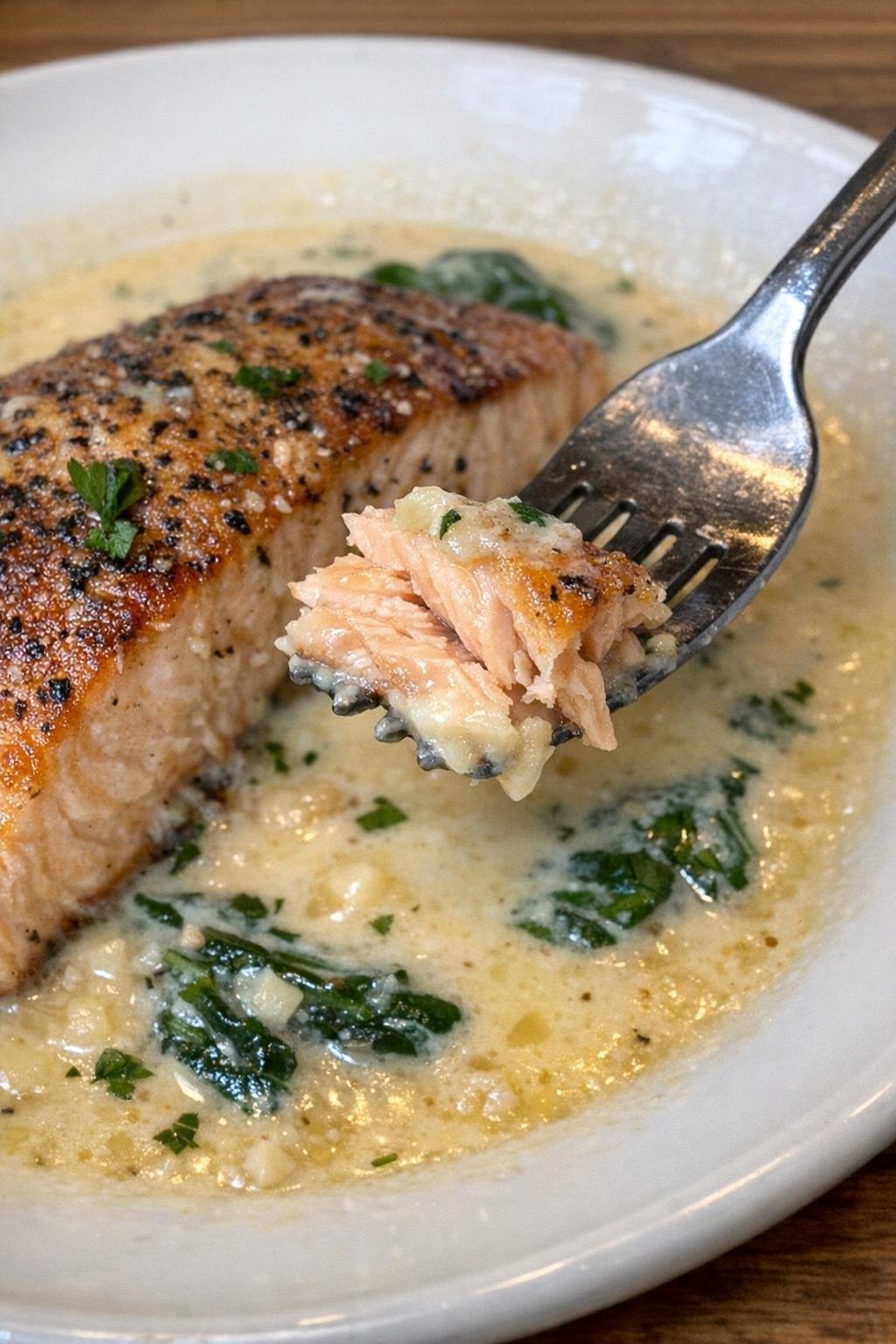 Flaky seared salmon in garlic butter cream sauce on a white plate
