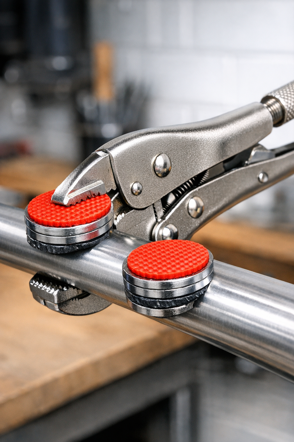 Finished DIY heavy-duty vice grip pads made from silicone baking mats attached to workshop vice grips
