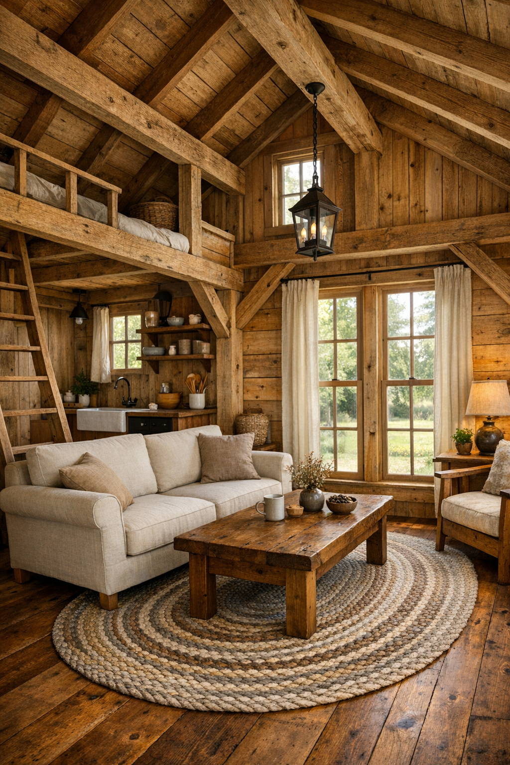 Warm barn-style tiny home living room with exposed beams and linen seating