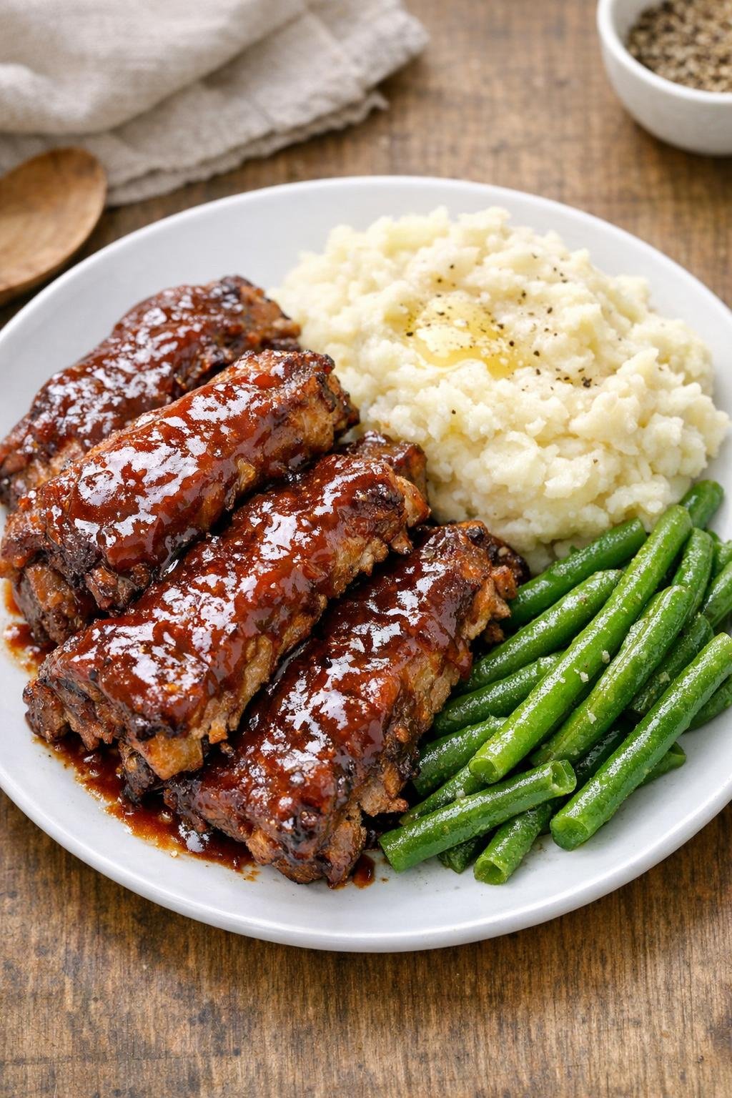 Finished slow cooker pork spareribs plated with sauce