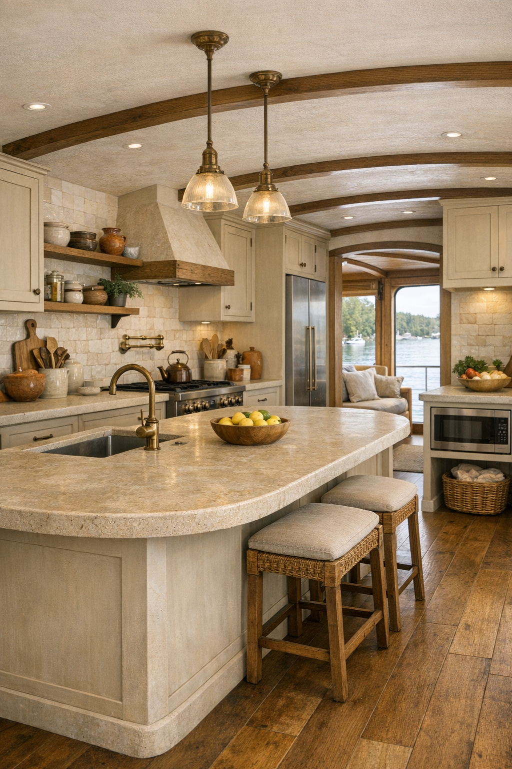 Accessible Tuscan kitchen with creamy cabinetry, stone counters, and a large island