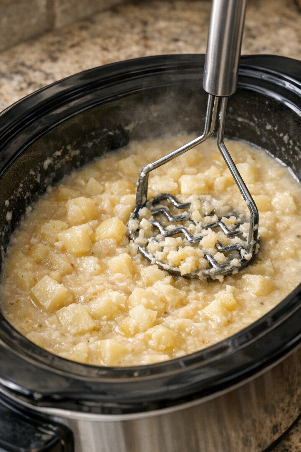 Tender potatoes being mashed in the slow cooker