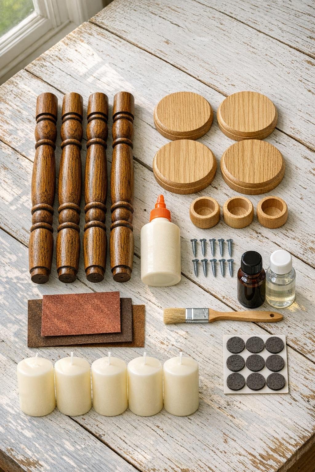 Materials for chair spindle candle holders laid out neatly