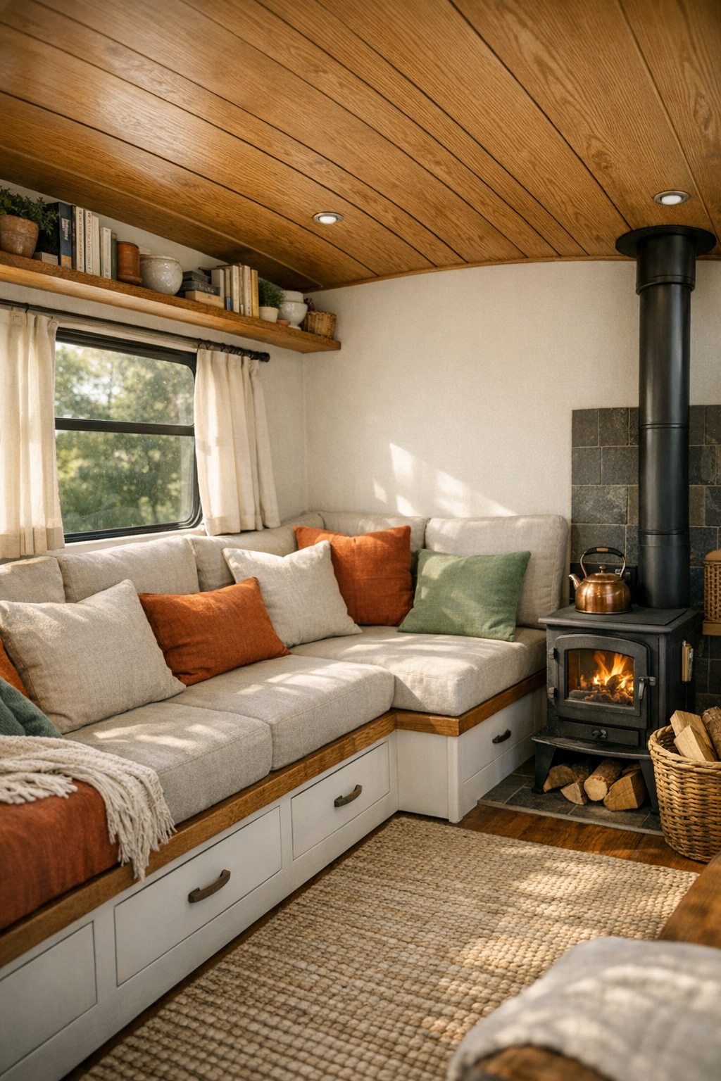 Cozy converted bus living room with built-in bench seating and warm wood finishes