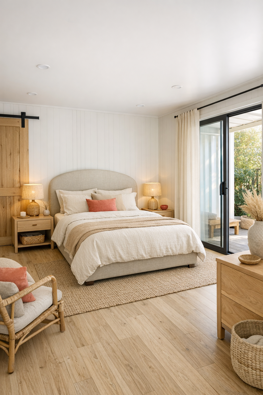 Serene bedroom with oat linens, pale wood furniture, and subtle coral accents
