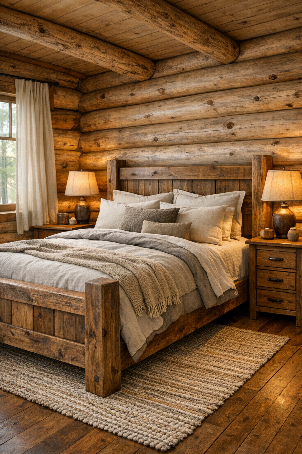 Cozy rustic bedroom with layered neutral bedding and log walls