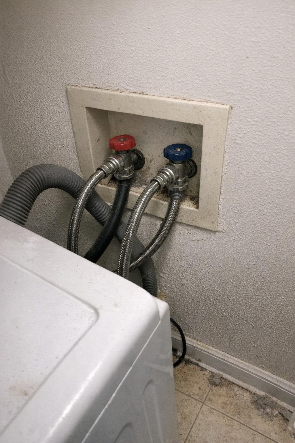 Braided steel washing machine hoses installed behind a washer