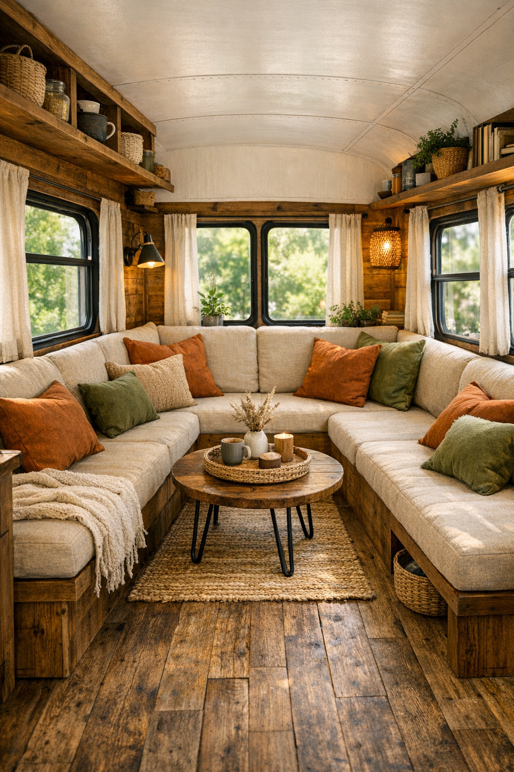 Cozy bus living room with built-in bench seating and warm wood finishes