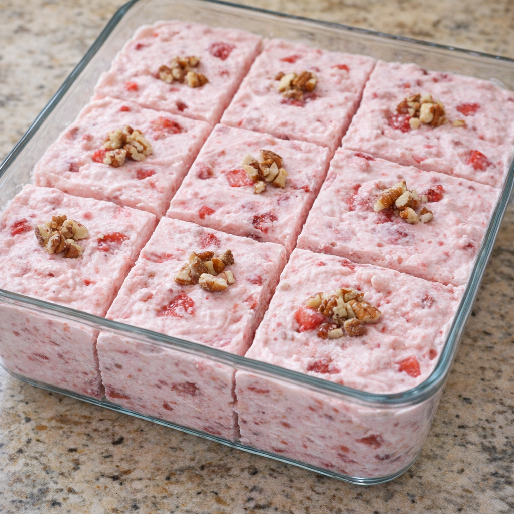 Frozen strawberry fluff sliced in a glass dish