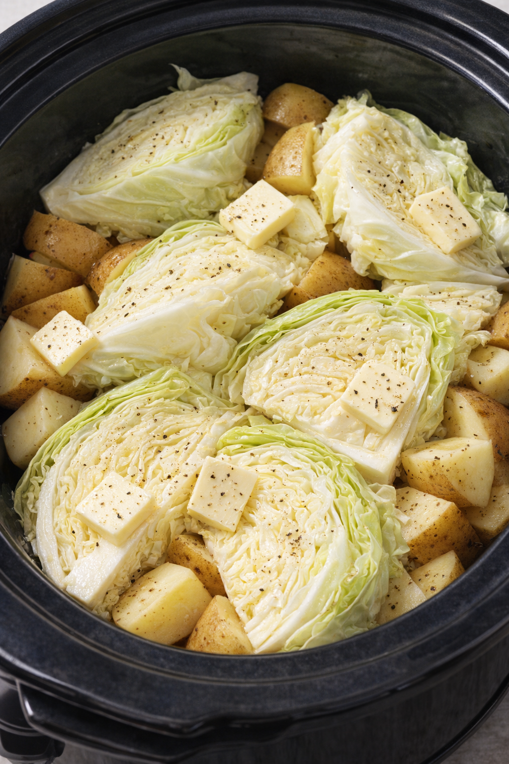 Laagjes koolpartjes en aardappelen in een slowcooker leggen voordat ze gekookt worden.