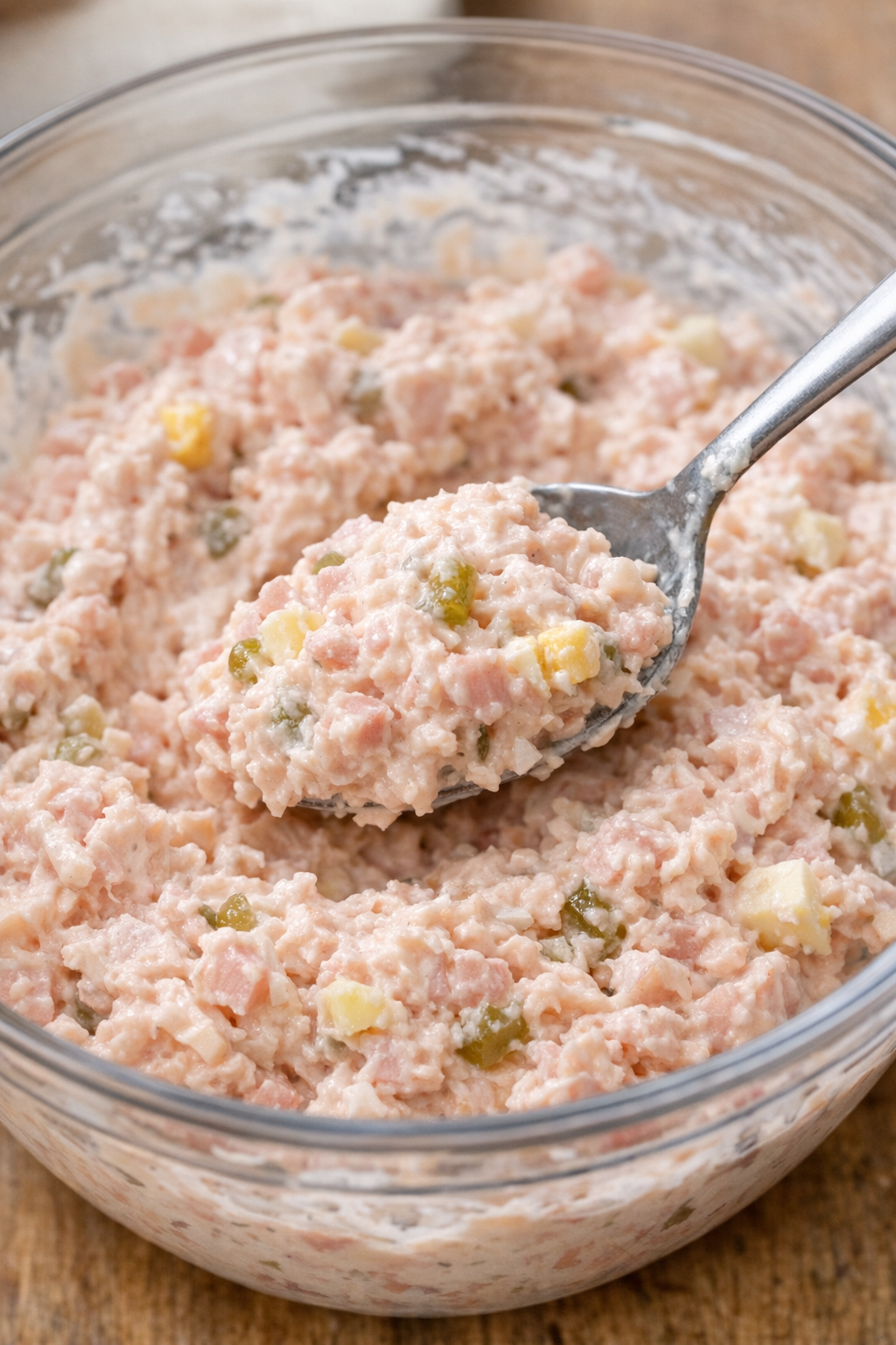 Creamy bologna salad being mixed