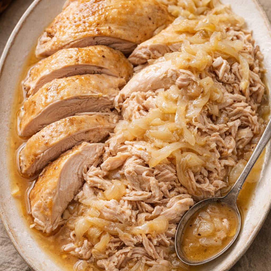 Carved slow cooker chicken with juices spooned over the top