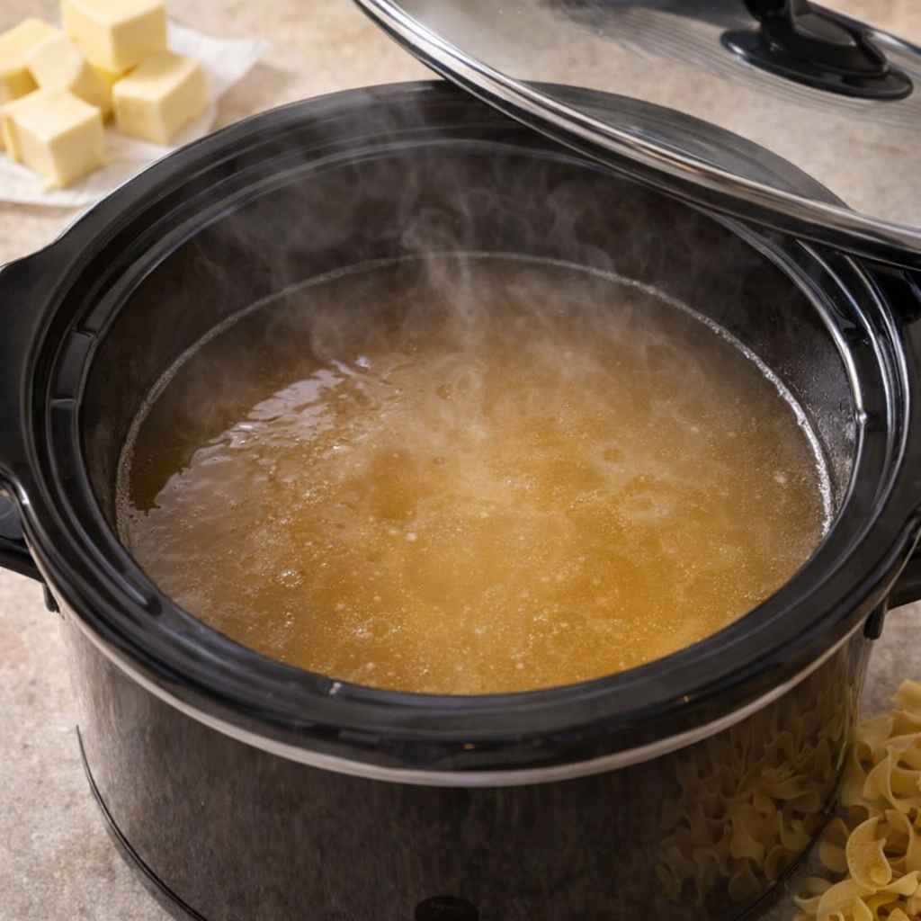 Hot broth in a slow cooker ready for butter noodles