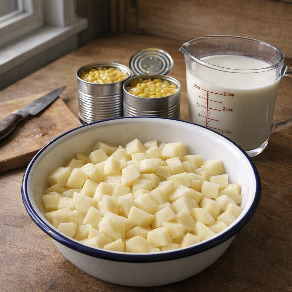 Simple ingredients for potato corn chowder laid out on a kitchen counter