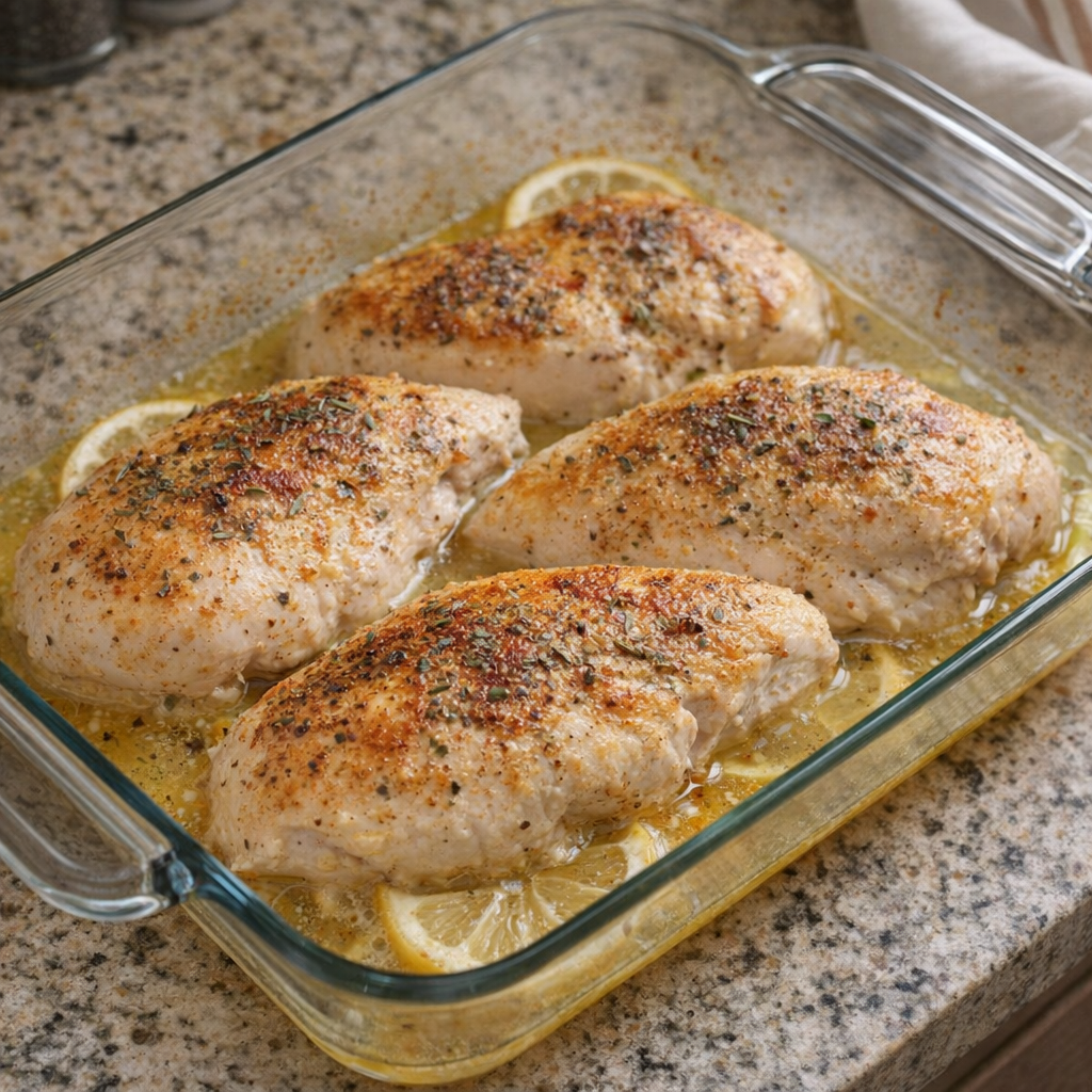 Finished lemon chicken in the baking dish with herbs and paprika variation