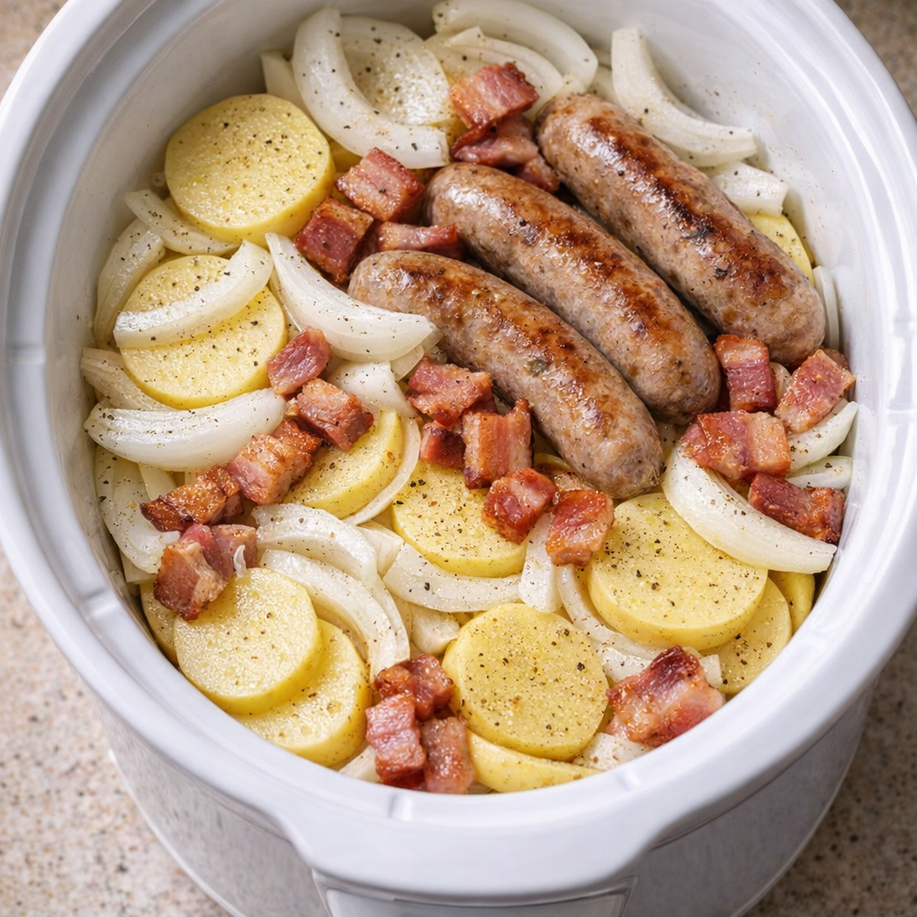 Gelaagde ingrediënten voor Dublin coddle in een slowcooker vóór het koken