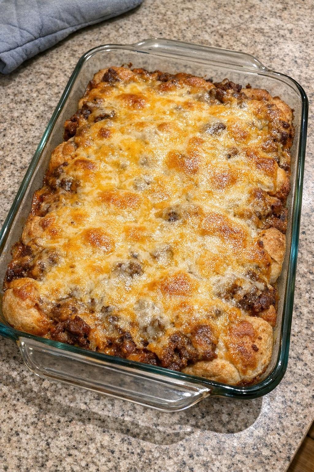 Freshly baked bubbly BBQ beef and biscuit casserole