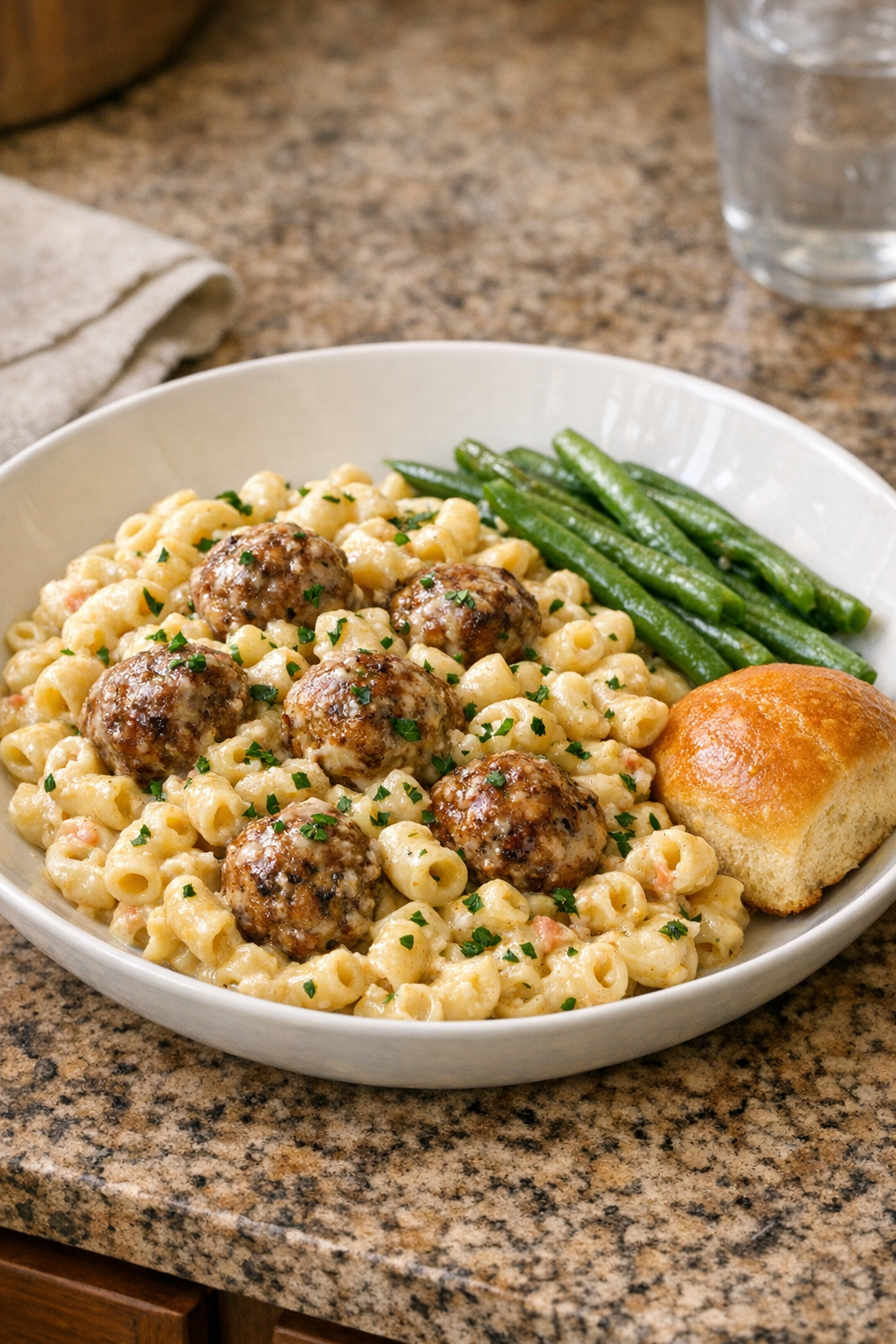 Finished plated macaroni salad meatballs in a rustic home kitchen style