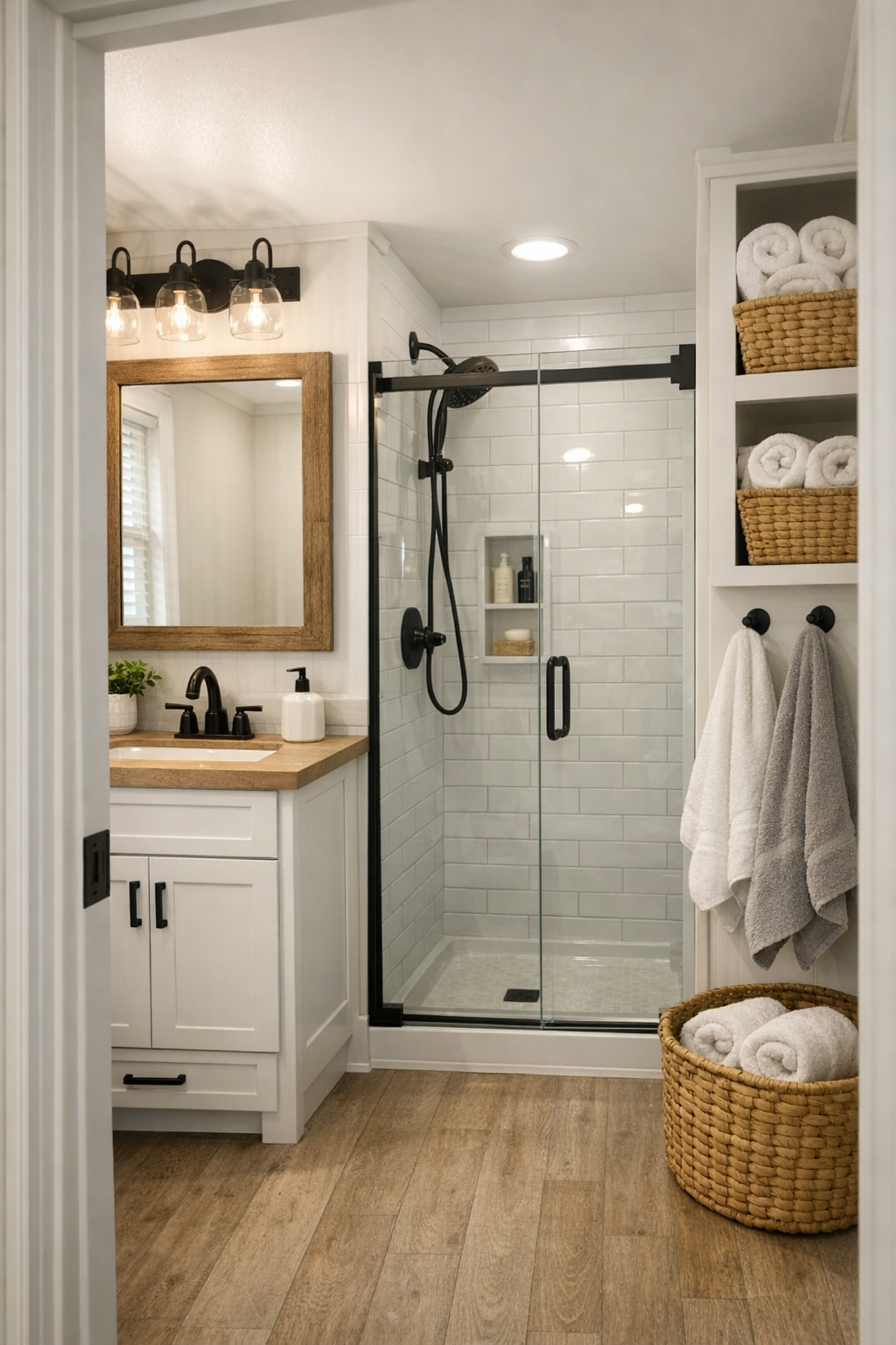 Fresh farmhouse bathroom with a shaker vanity, white tile shower, black fixtures, and a framed mirror