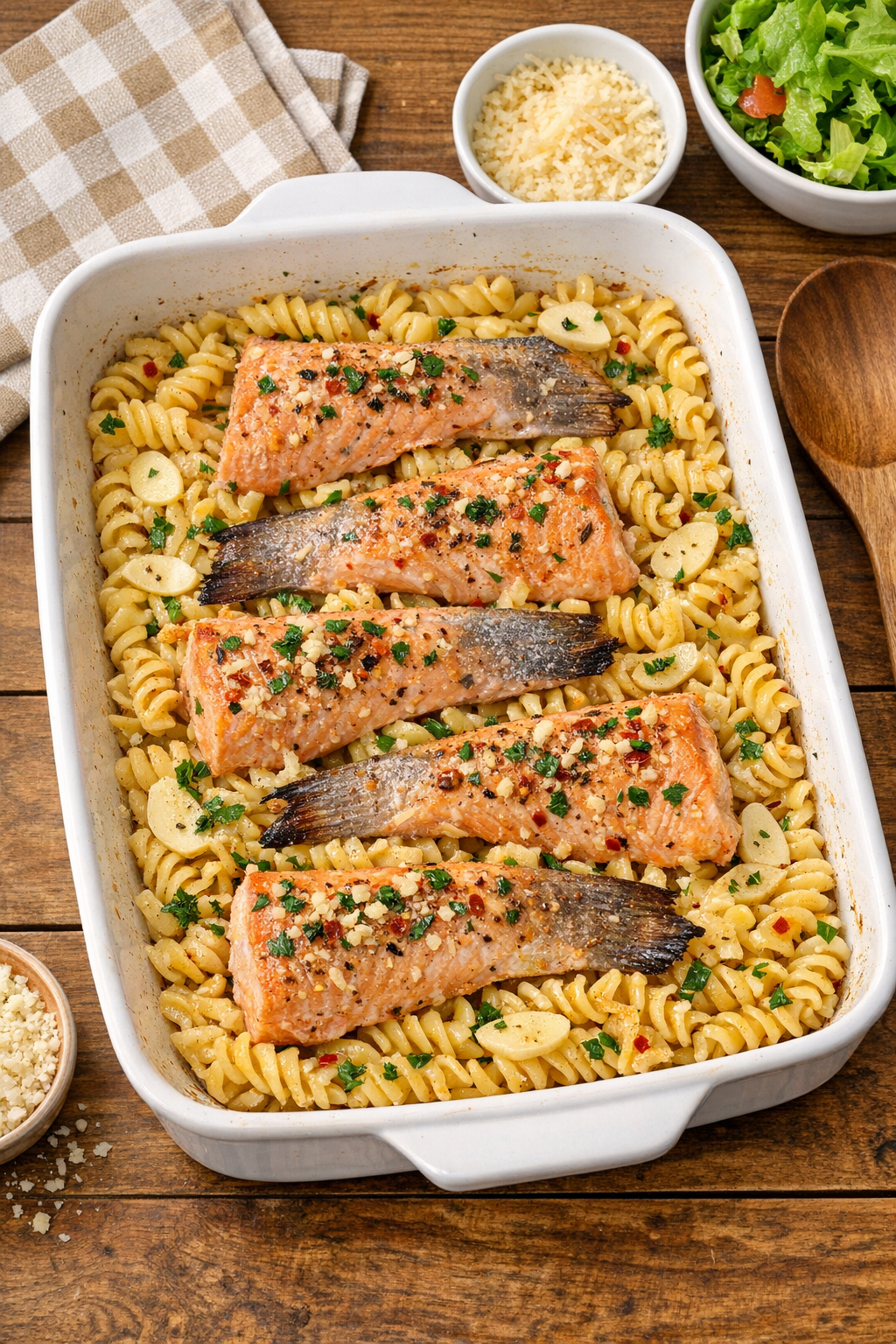 Finished baked salmon tails and pasta in a casserole dish