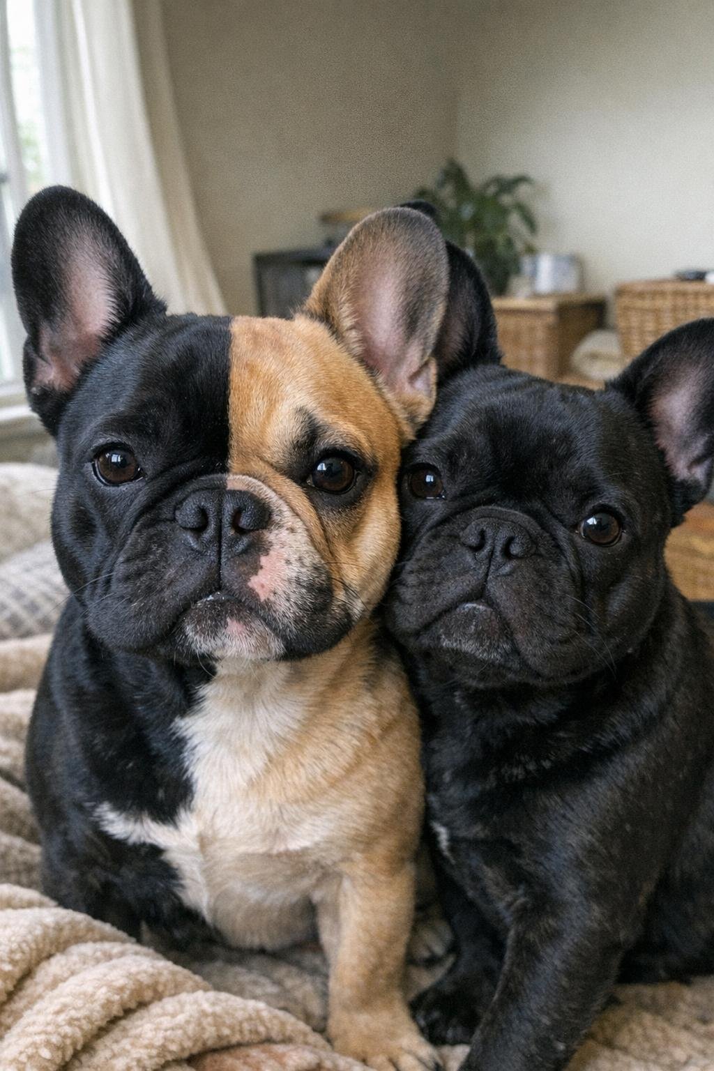 French Bulldog with a perfectly split black-and-tan face beside a solid black littermate