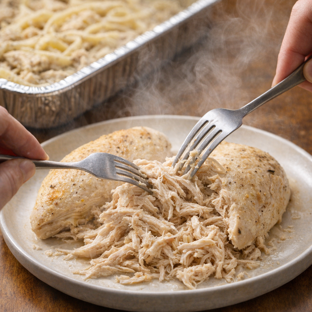 Cooked chicken being shredded beside baked pasta