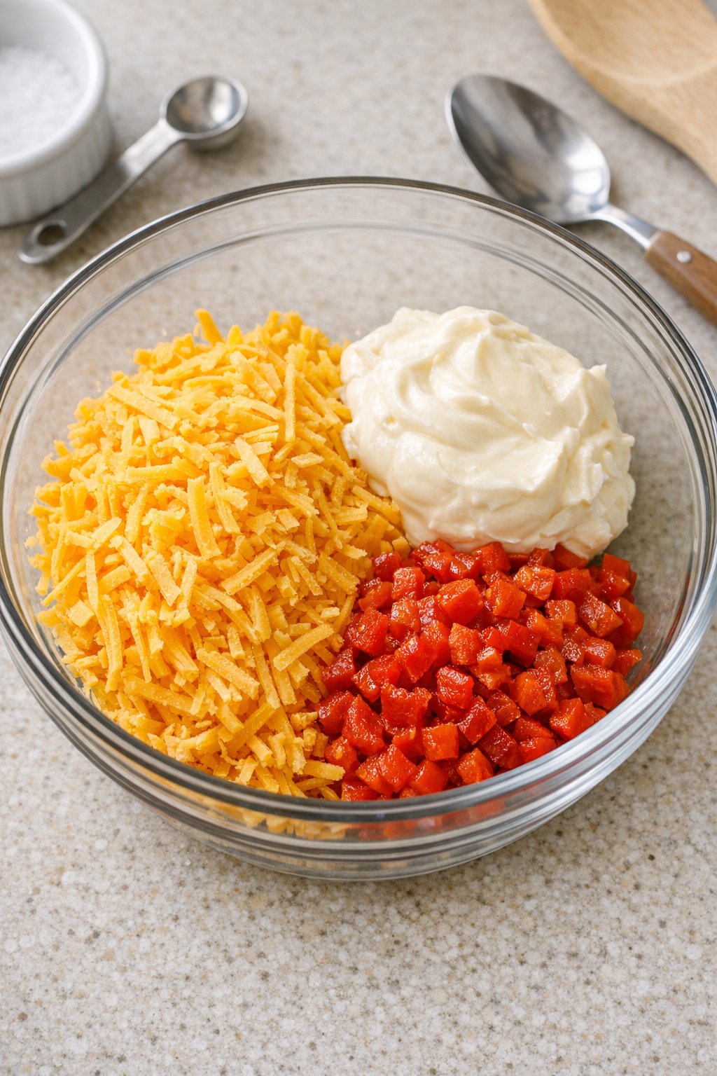 Cheddar, mayonnaise, and pimentos in a mixing bowl