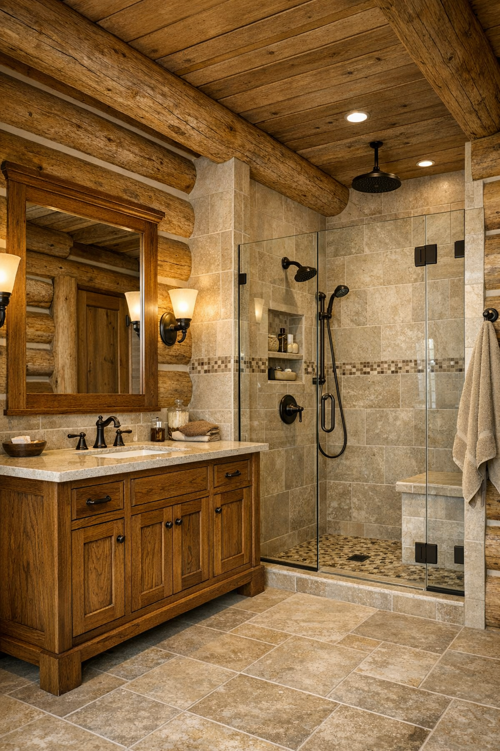 Traditional bathroom with Amish-crafted vanity, warm stone tile, and bronze fixtures