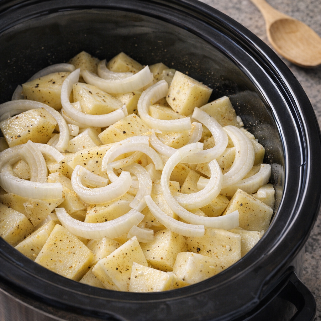Sliced onions scattered over potatoes in a slow cooker