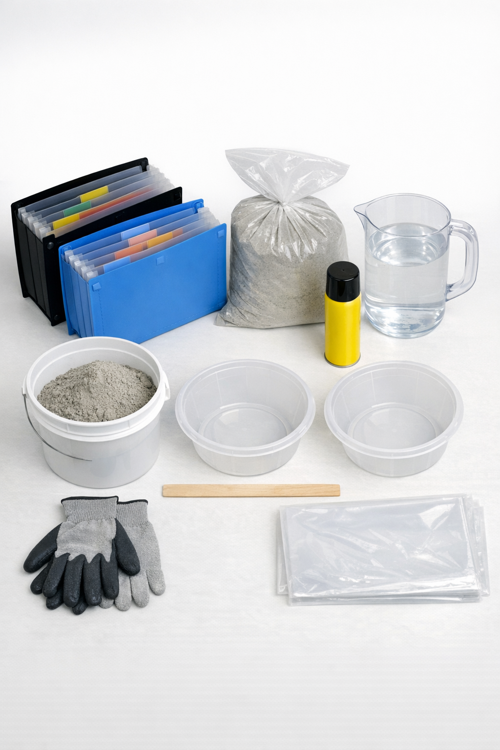 Materials laid out for making cement yard wedges