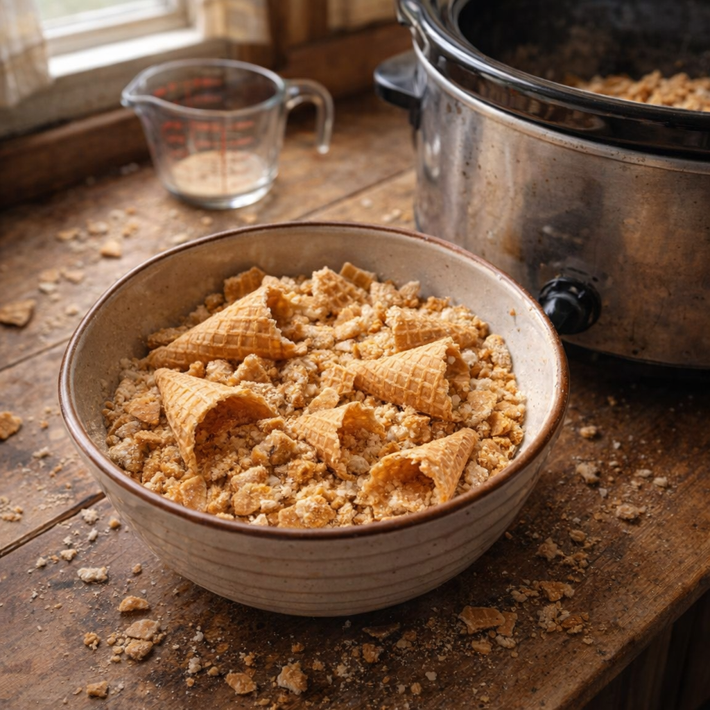 Broken sugar cones beside a slow cooker on a farmhouse counter