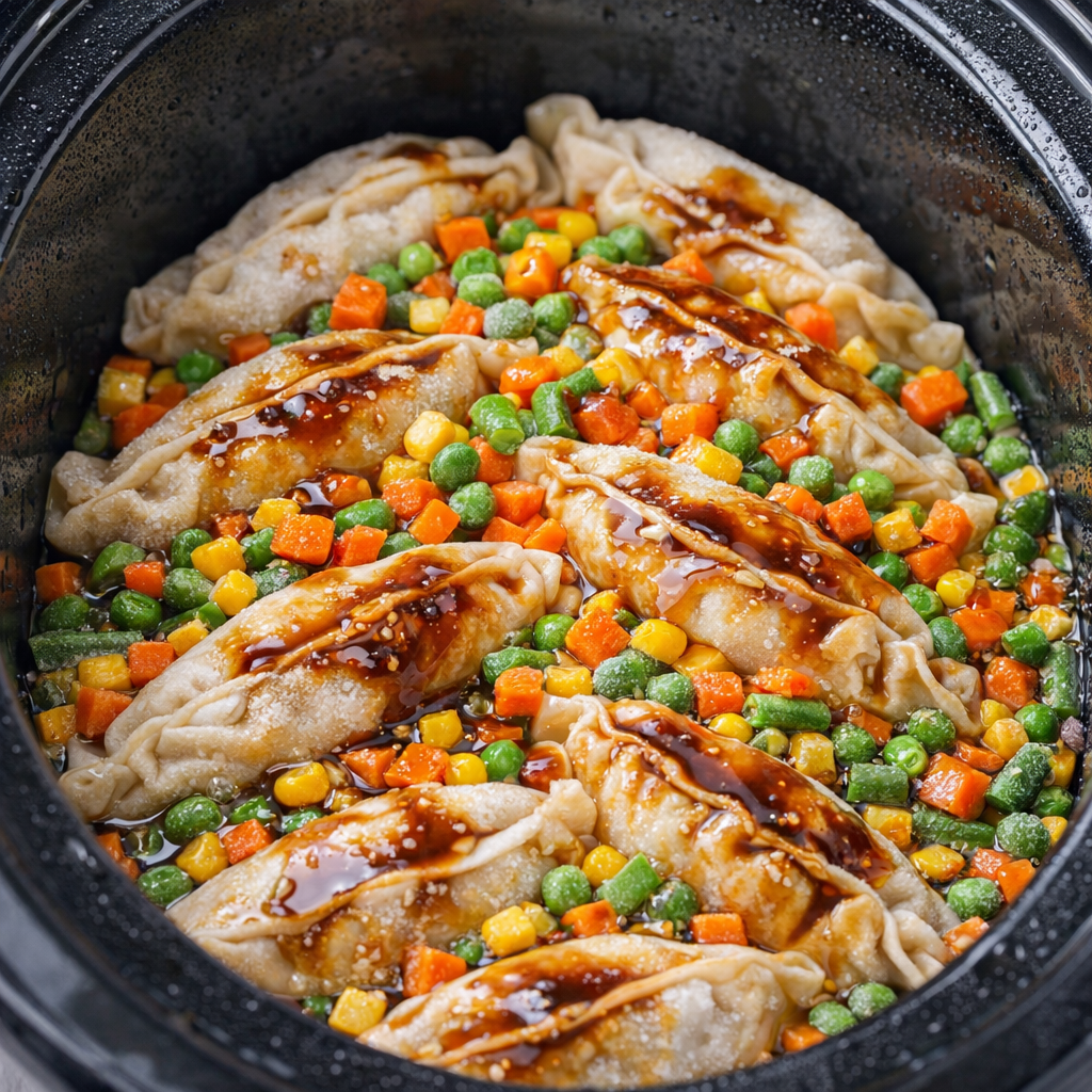Vegetables and sauce layered over potstickers before cooking