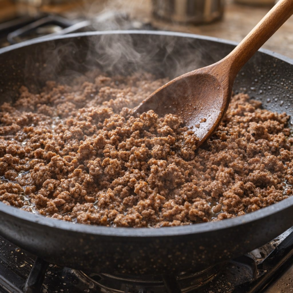 Ground beef browning in a skillet