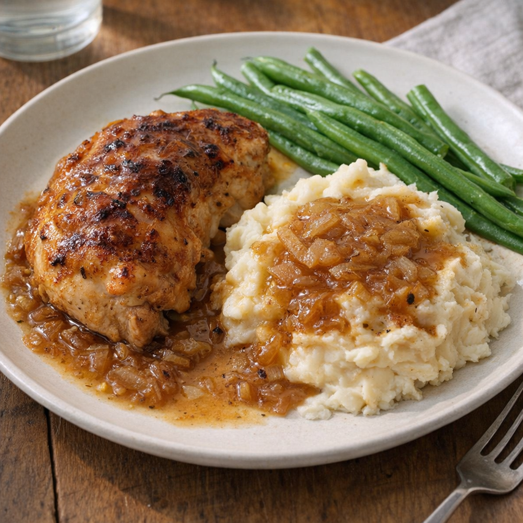 Plated baked chicken with mashed potatoes and green beans