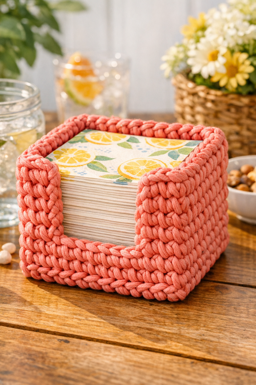 Finished coral crochet cocktail napkin holder holding napkins