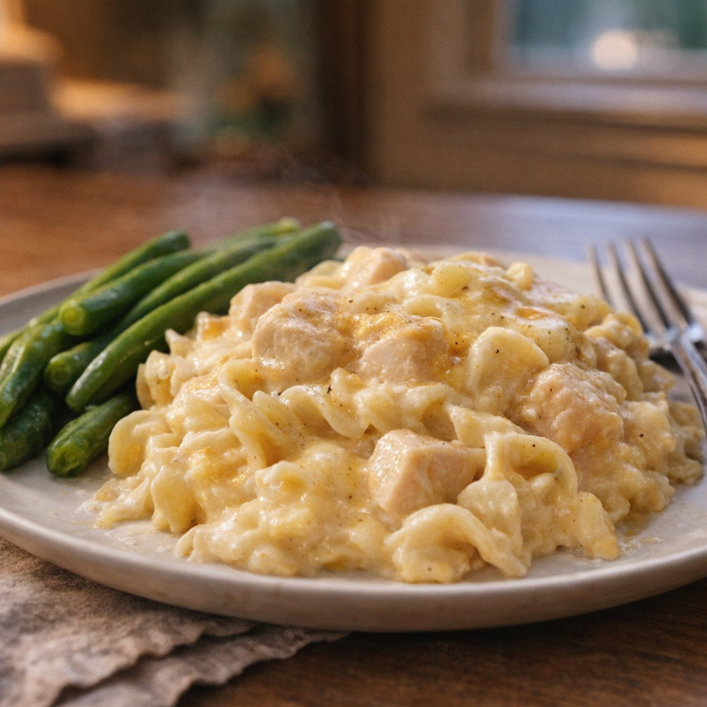 Served portion of chicken noodle bake with green beans