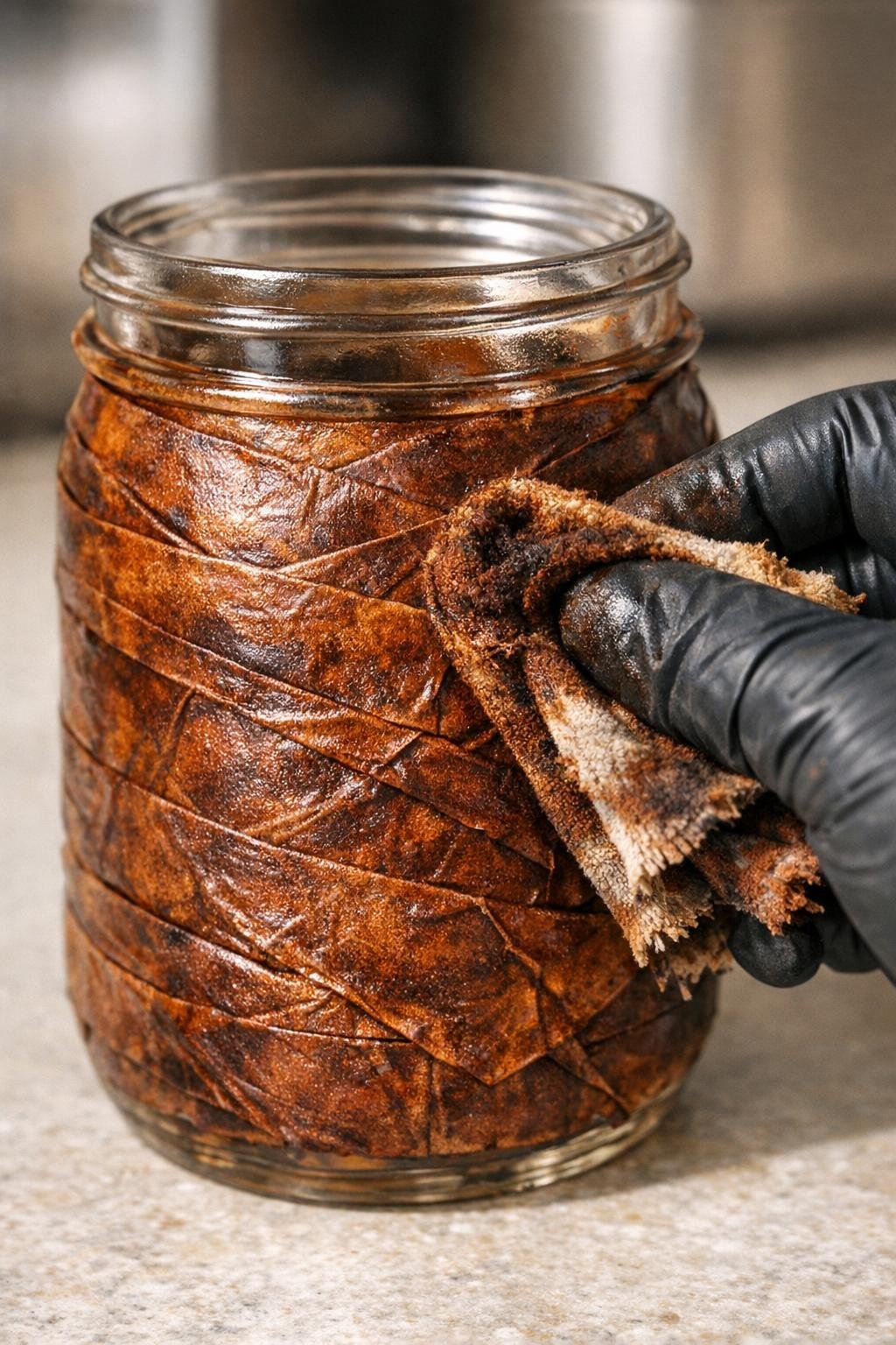 Brown polish being rubbed over taped jar to create faux leather finish