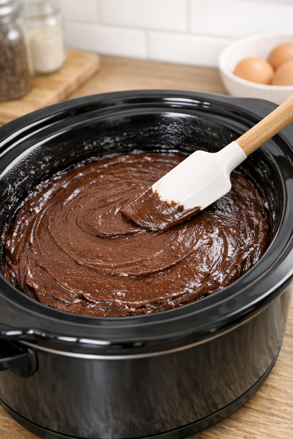 Chocolate batter spread in a slow cooker insert