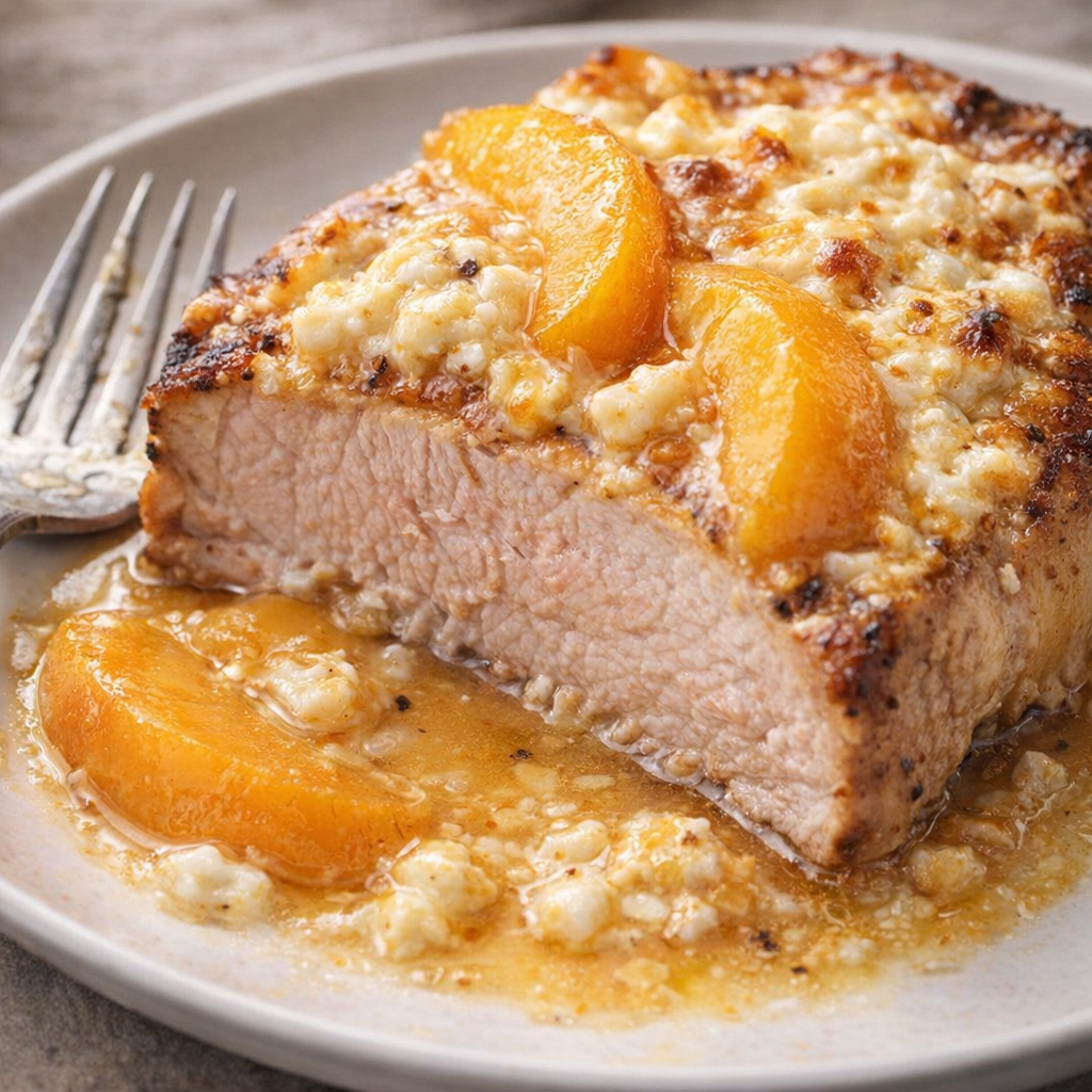Baked pork chop sliced open to show the juicy interior