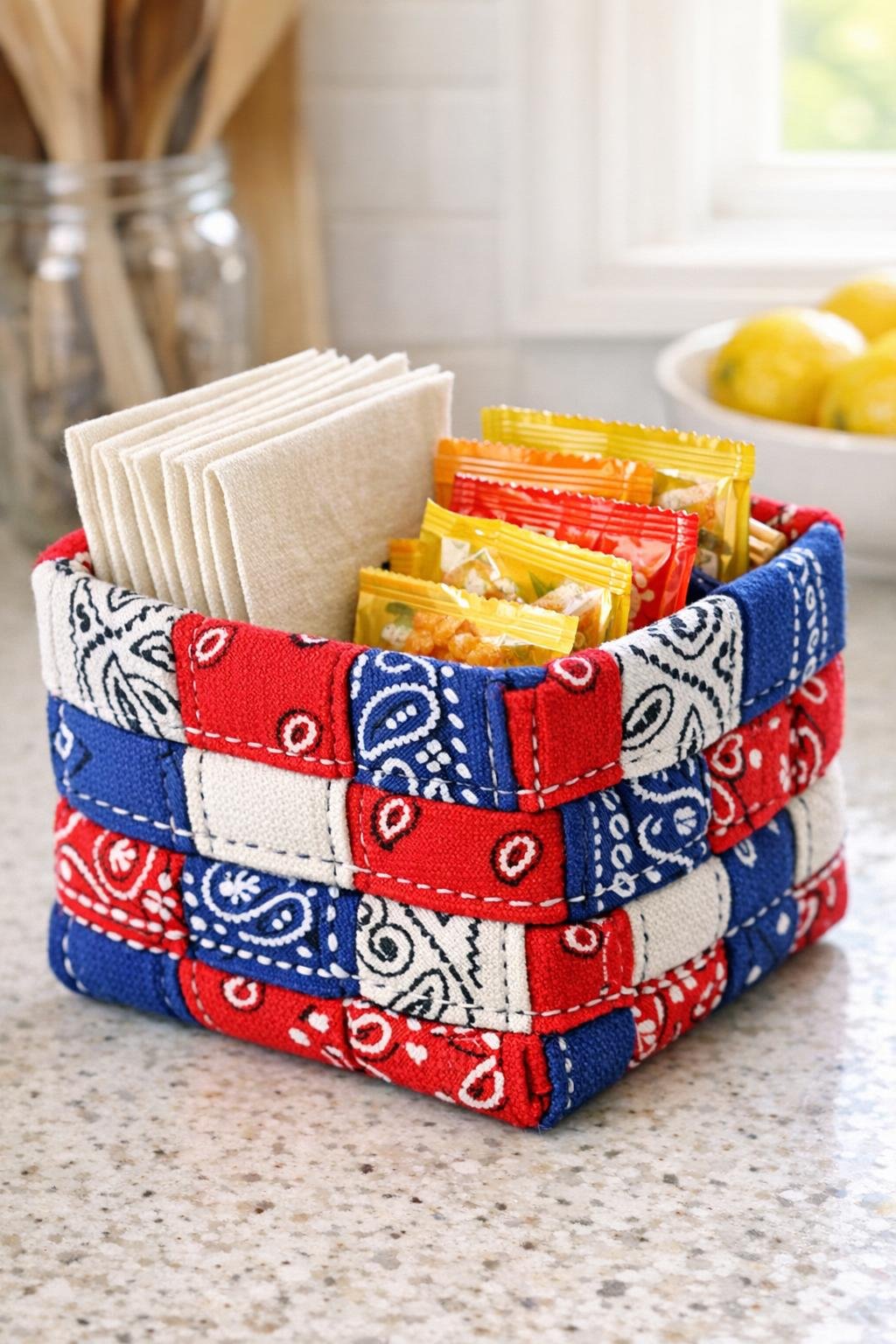 Finished woven storage bin made from cotton bandanas