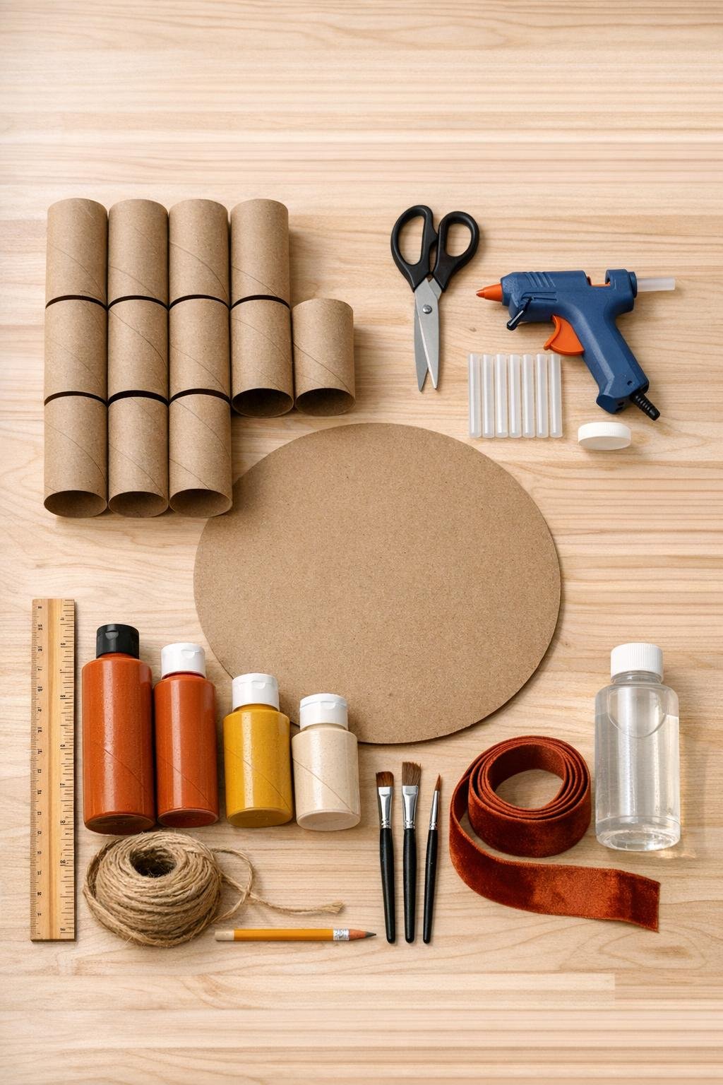 Materials for a cardboard roll harvest wreath medallion laid out on a table