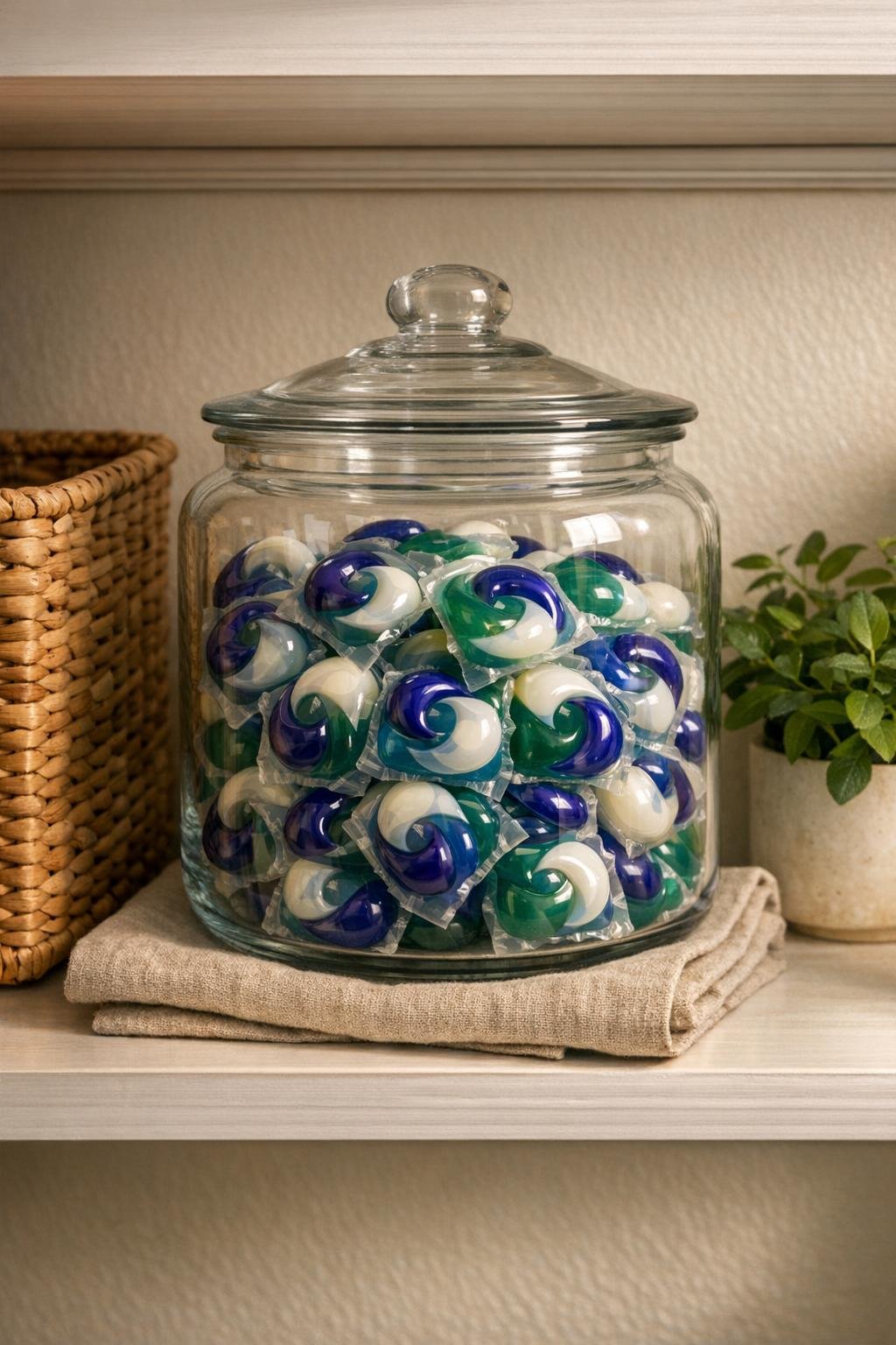 Finished laundry pod dispenser in a tidy laundry room
